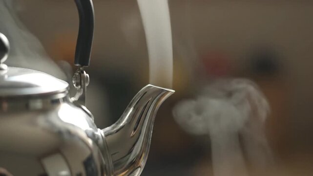 Closeup of steam rising from a shiny metal teapot spout