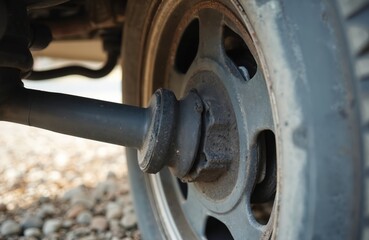 Close-up view of a car wheel hub and cv joint assembly. The automotive part shows wear and grease accumulation. Focus is on the suspension and drive axle components of a vehicle.
