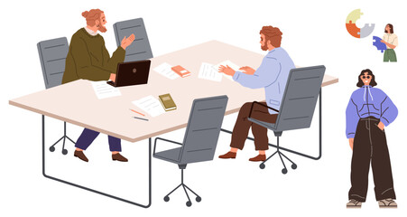 Professionals collaborating at a desk with laptops, papers, and casual attire. Ideal for teamwork, brainstorming, strategy, business planning, collaboration, modern office culture simple flat