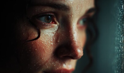 Intense close-up portrait of a womans face, showing sweat and emotion.