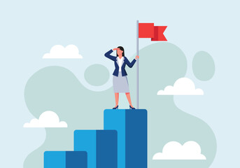 A determined businesswoman stands triumphantly on a podium holding a flag, looking towards the future with ambition and success vector illustration