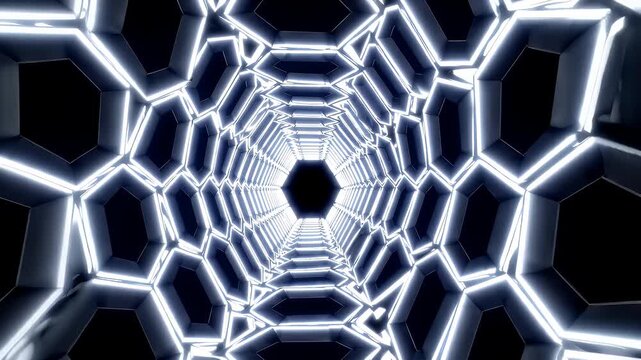 Hypnotic 4K Hexagon Neon Tunnel Loop seamlessly looping abstract lights futuristic background featuring dynamic hexagonal tunnel constructed intense white neon lights creating mesmerizing science