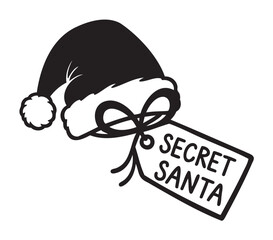 Black and white illustration of a santa hat with a tag labeled "secret santa," featuring a fluffy pom-pom and a festive ribbon.