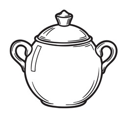 Obraz premium Black outline vector icon of a simple, lidded sugar bowl with two handles and a knobbed lid. minimal linear illustration for kitchenware and culinary concepts.