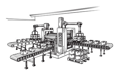 Obraz premium Intricate black outline drawing of a conveyor belt system featuring an automated packaging machine and robotic arms handling boxes.