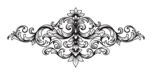 Ornate black and white decorative floral design with intricate swirls and patterns, depicting elegance and intricacy.