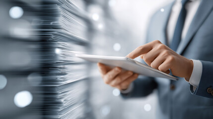 Businesspeople utilize artificial intelligence for document management office setting digital content modern environment focused concept