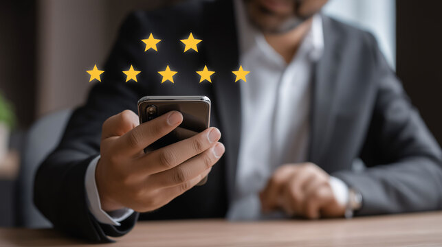 Businessman using smartphone app to survey customer satisfaction office environment concept of modern feedback collection