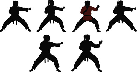 Martial arts silhouette stance sequence, fighter posture illustration, athlete training concept, combat technique study, sports discipline, defensive motion, fitness lifestyle