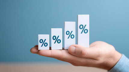 Dynamic growth concept hand holding percentage graph online shopping promotional offers trend analysis