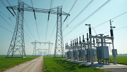 High voltage power lines, tall steel pylons cross green field. Nearby electrical substation with transformers distributes current. Transmission network shows power grid infrastructure. System for