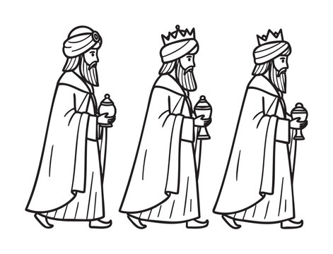 Three wise men in robes and crowns holding gifts, depicted in a simple black outline, symbolizing the biblical magi.