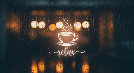 Cozy &ldquo;Relax&rdquo; Script with Glowing Coffee Cup on Wet Glass Background
