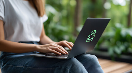 Woman using laptop for environmental carbon reduction concept in nature lifestyle digital content