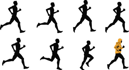 Running silhouette sequence with transformation, athlete motion study, fitness workout illustration, sports biomechanics, hooded runner concept, health lifestyle, dynamic movement
