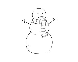 Cute snowman line art, simple black and white winter illustration, for coloring books, kids' activities, and holiday cards, isolated vector.