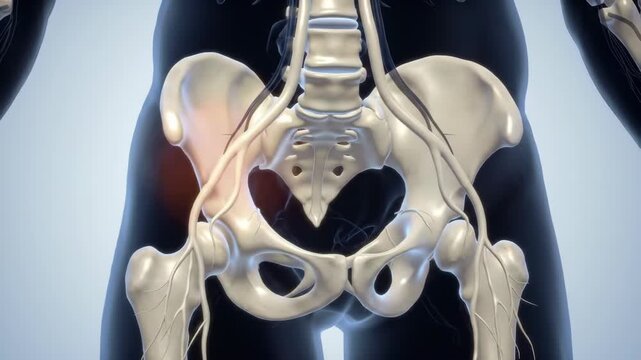 3D render showing pelvic bone structure with nerve detail, used for medical illustrations