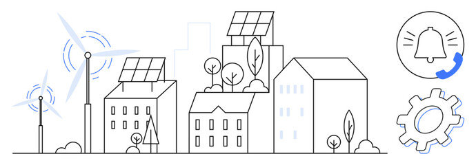 Modern urban buildings with solar panels and wind turbines, symbolizing eco-friendly energy. Ideal for sustainability, renewable energy, innovation, urban planning, environment, technology