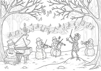 Obraz premium Snowman orchestra in the forest