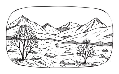 Fototapeta premium Black and white line drawing of a mountainous landscape with bare trees and scattered rocks in the foreground.