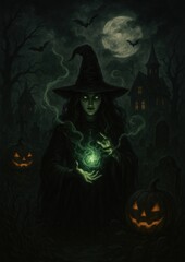 Eerie witch conjures glowing magic.