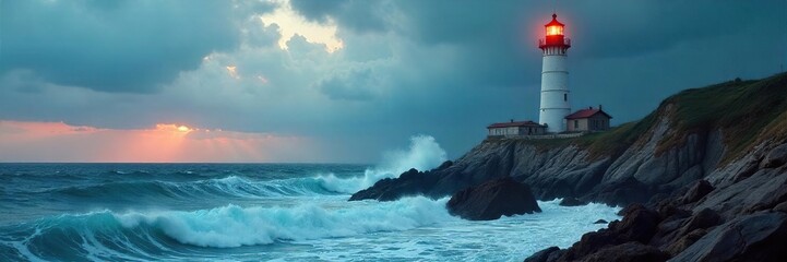 Naklejka premium Lighthouse withstanding stormy sea, dramatic waves crashing on rocks, beacon of hope and safety in powerful nature scene