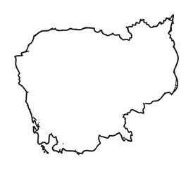 Black outline map of cambodia showing the detailed borders and coastline of the southeast asian country.