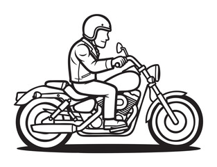 Male motorcyclist in a leather jacket and helmet riding a cruiser-style motorcycle viewed from the side.