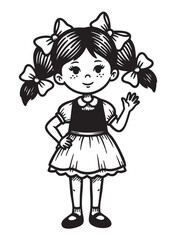 Black and white drawing of a smiling young caucasian girl with pigtails and bows, wearing a dress and shoes, standing with one hand on her hip and waving.