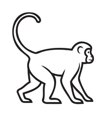 Black outline vector icon of a walking monkey with a curled tail, depicted in a simplified linear art style.