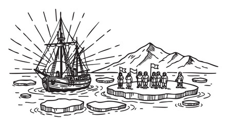 Black and white line drawing of a historical sailing ship near an iceberg with people holding flags, depicting an exploration scene in icy waters.