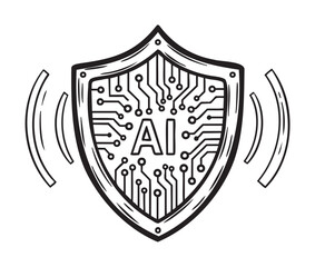 Black outline vector icon of a shield incorporating circuit patterns and labeled with "ai," symbolizing the fusion of technology and protection.