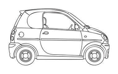 Black outline drawing of a compact two-door car viewed from the side, showcasing small wheels and a rounded roof design.