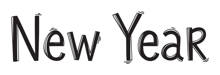 Bold and playful typography of the words "new year" with unique decorative lines and whimsical design elements in black text.