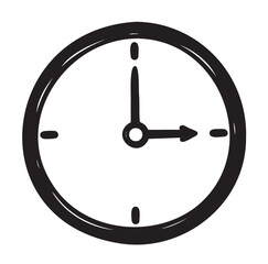 Black outline drawing of a classic round wall clock with simple hour and minute hands pointing towards 10 o'clock.