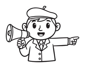 Cartoon boy in a beret and suit holding a megaphone and pointing, depicted in a black outline style.