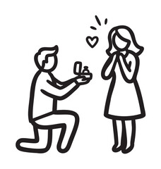Black outline icon of a romantic marriage proposal with a man kneeling and holding a ring to a surprised woman, depicted in minimal linear style.