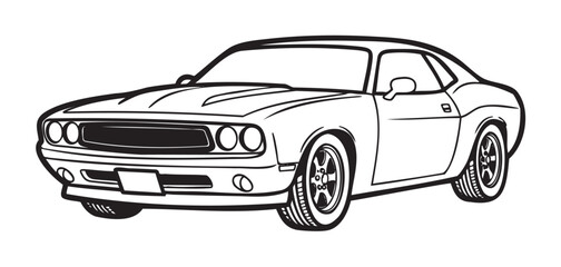 Black and white line drawing of a classic muscle car with prominent front grille, rounded headlights, and detailed wheels.