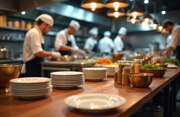 Chefs prepare fresh ingredients in busy pro restaurant kitchen. Team of cooks work on food for many meals. Plates wait on counter ready for service. Staff collaborate to create delicious dishes in