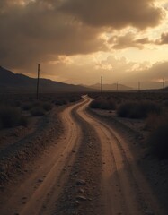 Naklejka premium Dusty road leads through desert landscape toward distant mountains under cloudy sky. Dirt track at sunset or dusk evokes a feeling of journey or exploration.