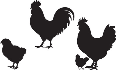 Black silhouette of rooster hen and chick on transparent background for farm poultry design
