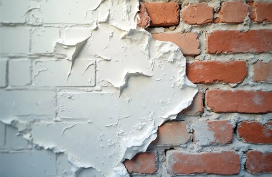 White brick wall with peeling stucco. Red bricks are visible where stucco is peeled off. Wall has cracked and stained surface. Old shabby texture with solid cracks. Brick wall with peeling paint.
