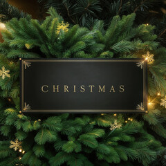 A close-up of a Christmas wreath adorned with golden decorations and a black sign that reads 'CHRISTMAS'