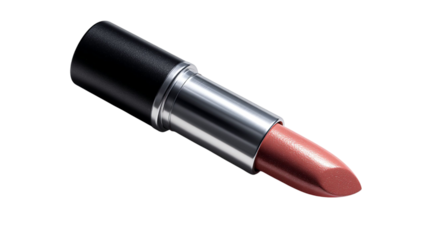 PNG of Close-up of a creamy lipstick in a sleek black and silver tube, showcasing a warm, muted rose shade.