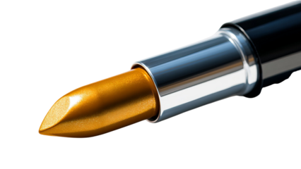PNG of Shiny gold lipstick showcased in a sleek silver tube, perfect for glamourous makeup looks.