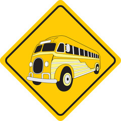 Old yellow school bus. Original traffic sign