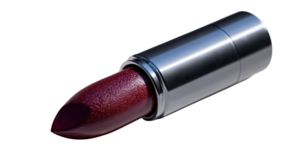 PNG of A sleek, silver lipstick tube contains a rich, deep burgundy shade, exuding elegance and sophistication.
