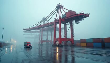 Container port with large red cranes and cargo containers on rainy foggy day. Truck drives on wet dockyard road. Shipping industry infrastructure, import export logistics and global trade operations.