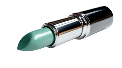 PNG of A sleek silver lipstick tube with a vibrant mint green shade, embodying modern beauty trends.