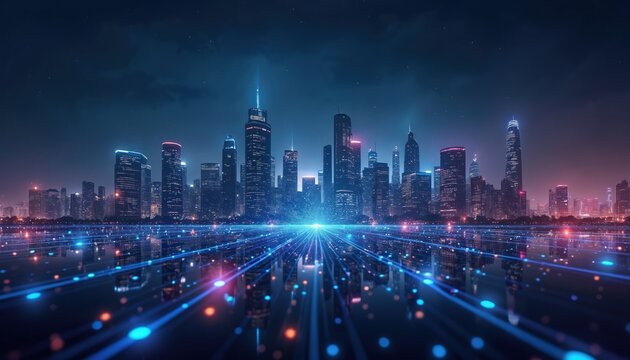 Futuristic city skyline glows with digital data streams at night. Tall skyscrapers form urban landscape, illuminated by neon lights. Global network connects modern metropolis, reflecting bright